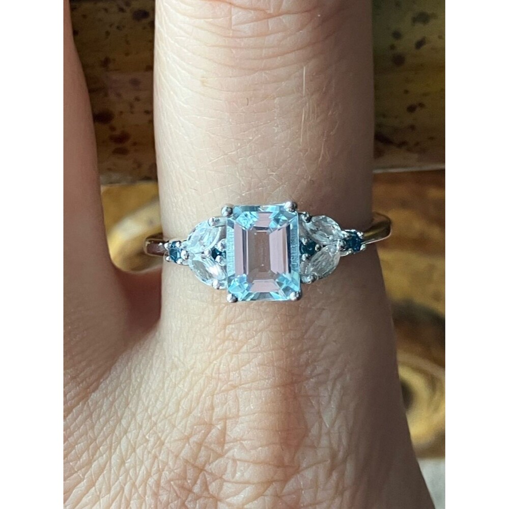 Natural Aquamarine Blue Diamond Sterling Silver Ring Size 10